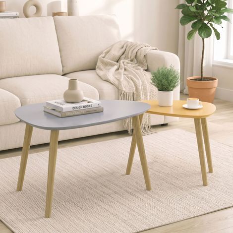 Lot de 2 tables basses gigognes design scandinave pieds en bois et plateau en bois, gris et jaune (1/5)