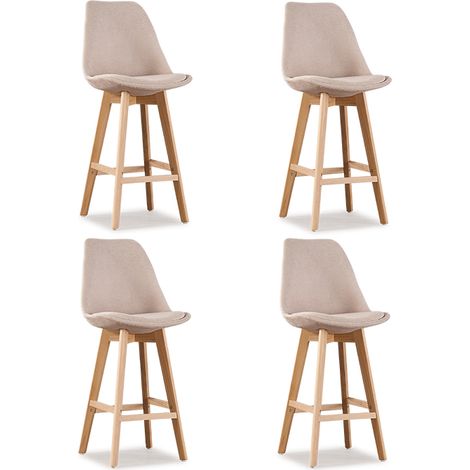 Designetsamaison – Lot de 4 tabourets de bar en tissu beige – Hauteur 107 cm – Style scandinave – Assise résistante aux chocs – Pieds en bois (1/2)