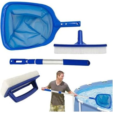 4-teiliges Poolreinigungsset, Poolreinigungsnetz mit verstellbarer Stange, Poolskimmernetz, Bürstenzubehör zur Reinigung von Gartenteichen - (1/5)