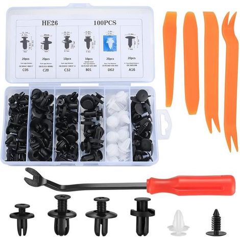 Clips Agrafes Plastiques Voiture Rivets Fixation Set, Rivets Plastiques Fixation de Protection Noir Universel,avec Pince de Retrait (1/4)