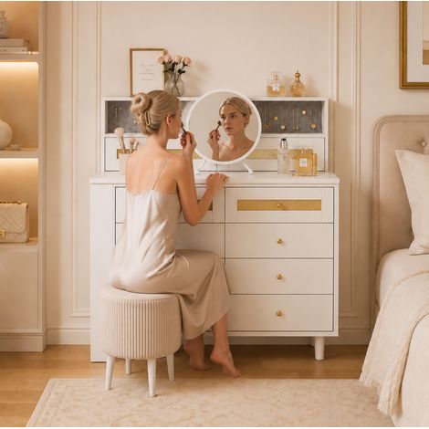 Coiffeuse avec meuble à bijoux, 10 tiroirs, plateau en verre et décor rotin, blanc (1/5)