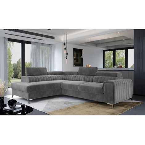 Canapé d'angle convertible velours appuis-tête réglables LOZA - Coffre et pieds acier chromé angle gauche-Gris anthracite-angle gauche (1/5)