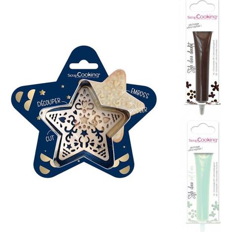 Kit pour biscuit en relief Étoile + 2 Stylos au chocolat marron et vert d'eau (1/2)
