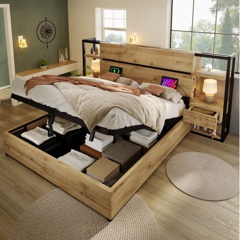 lit adulte double rangement USB 160x200 chêne OKMYHOME (1/5)