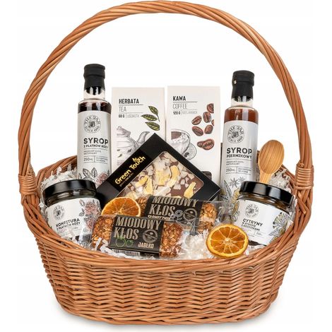 Cesto regalo in vimini bianco con tè e caffè, dolci e sciroppi. (1/5)