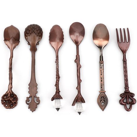 Ensemble de 6 pièces innovant vintage rétro en alliage de zinc, cuillères et fourchettes, couverts, accessoire de cuisine (bronze rouge (manche de fourchette en forme de cœur)) (1/5)