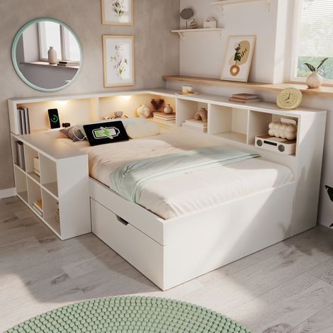 Letto a soppalco 90/200 cm bianco con vano contenitore, prese USB e luci da lettura (1/5)