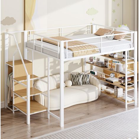 Cama dormitorio alta con almacenaje y escalera blanca OKMYHOME (1/5)