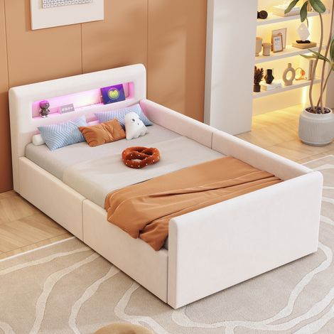 Lit simple 90x200 avec rangement, LED et USB beige HAVRYA (1/5)