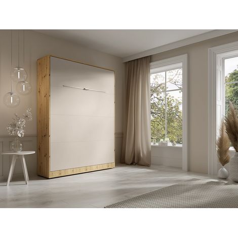Letto a scomparsa 140 x 200 cm - Apertura verticale manuale - Con LED - Beige e naturale - RAPILI