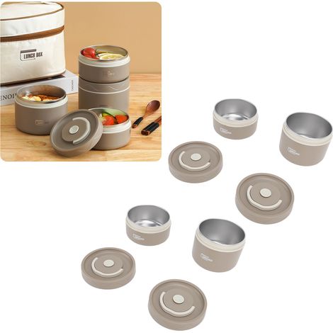 Boîte à lunch portable ronde en acier inoxydable 304 avec couvercle, boîte bento hermétique, marron foncé, lot de 4 + sac isotherme (1/5)