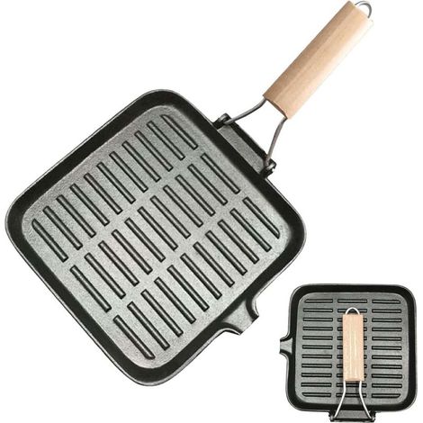 1 Poêle à grill en fonte, 20x20 cm, surface rayée, poignée pliable, bec verseur, induction (1/5)
