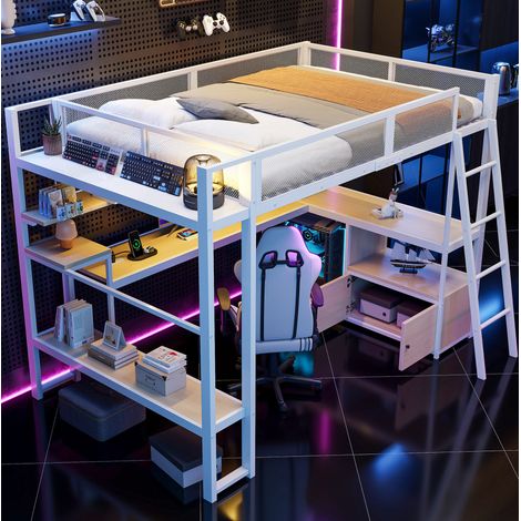 Lit mezzanine 140x200 cm blanc en métal et MDF avec bureau, LED et rangements (1/5)