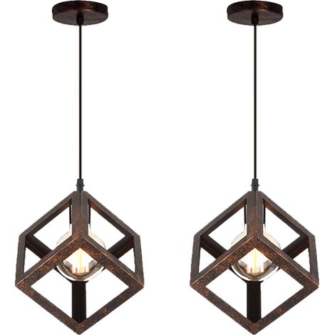 2er Pendelleuchte Würfel, Kreative Kronleuchter im Industri Stil, Hängelampe mit Metall Käfig E27 Lampenfassung für Wohnzimmer Esszimmer (Rostfarbe)