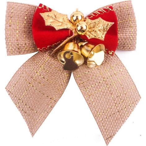 Lazos Navideños De Lino - Con Campanillas Metálicas - Diseño Festivo Clásico - 8 X 8 Cm - Para Árbol Navideño Puerta Guirnalda Y Manualidades (1/5)