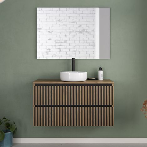 Meuble de salle de bain 100cm avec plateau et vasque à poser ronde - 2 tiroirs - noyer (bois foncé) - VENERIA