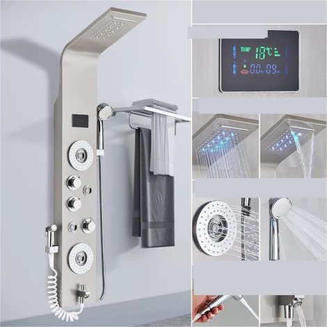 Ensemble de douche mitigeur thermostatique intelligent Noir lumière LED robinet de douche salle de bain SPA Massage Jet colonne de douche système cascade pluie panneau de douche Bidet pulvérisateur ro (1/5)