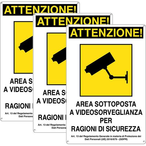 3 Cartelli segnaletica AREA VIDEOSORVEGLIATA in alluminio mis. 20x30 cm - Cartello a norma (1/5)