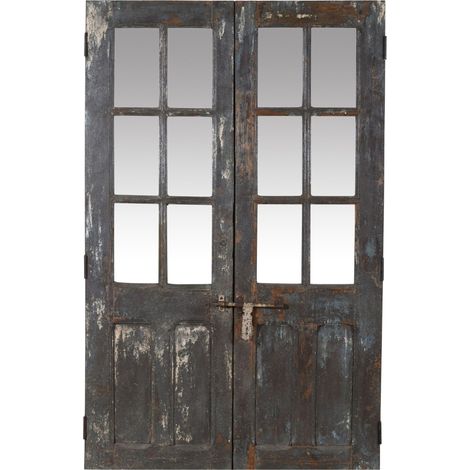 Porte d'entrée en bois massif et fer forgé pour intérieur ou extérieur, ancienne et médiévale, avec vitrage (1/5)