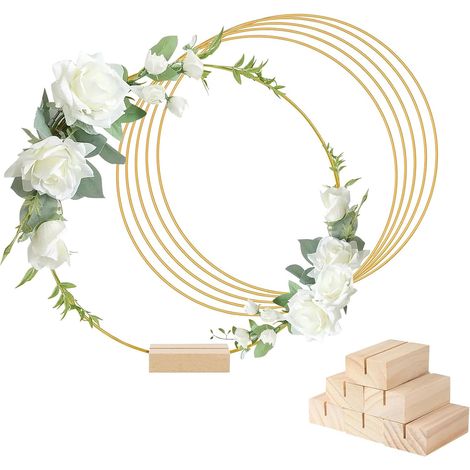 círculos de metal chapados en oro, de 25 cm de diámetro, con bases de madera, para la elaboración de coronas y decoraciones de boda. (1/5)
