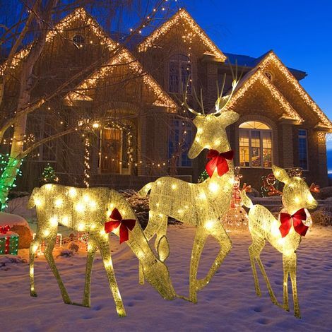 Gistuch – Lot de 3 décorations lumineuses de Noël en forme de cerfs – 60 lumières LED étanches – Décor extérieur pour cour et jardin (1/5)