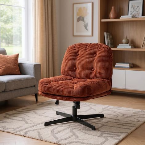 Meuble Cosy Fauteuil Salon Chaise Pivotant 360° Fonction d'inclinaison Hauteur Réglable Jambes Croisées sans Accoudoirs roulettes en Velours Côtelé Rouge (1/5)