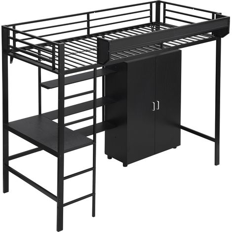 Letto a soppalco in metallo nero 90x200 cm con scrivania, armadio e scala a 5 gradini (1/5)
