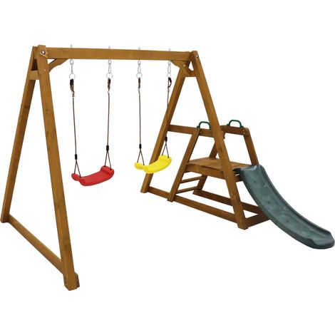 Altalena, altalena doppia per bambini con scivolo e scaletta, altalena da esterno, struttura in legno massello, 238,5 x 240 x 168,9 cm - Marrone (1/5)