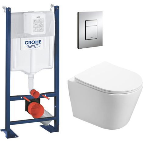 Grohe – Pack WC bâti autoportant 113 cm – WC suspendu sans bride avec abattant frein de chute – Plaque chrome – Installation rapide et fixations invisibles