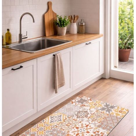Tapis de cuisine décoratif motif carreaux 45 x 75 cm orange (1/3)