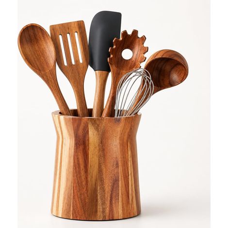 Wooden Utensil Holder Countertop Utensil Holder 360 Rotating Kitchen Utensil Holder Large Acacia Wood Pot 7.2 x 6 Inch Farmhouse Kitchen Decor (1/5)