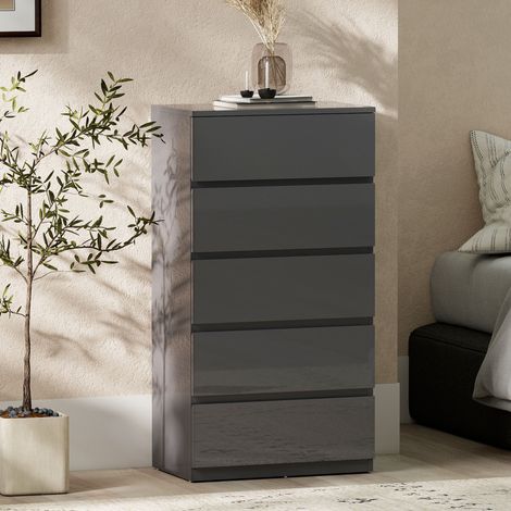 Cómoda de 5 cajones, mueble de almacenamiento de alto brillo, cajones con cierre suave, 53 x 34 x 100 cm, gris.