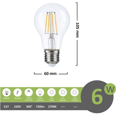 Lampadina filamento led 6w attacco grande E27 A60 bulbo sfera trasparente luce calda 2700k (1/5)