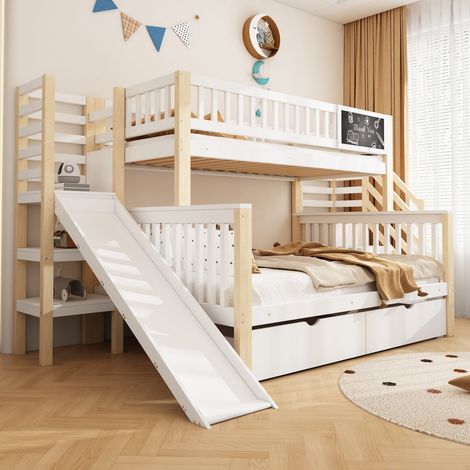 Lit cabane superposé 140x200 et 90x200 cm blanc avec escaliers, rangement, toboggan et tableau (1/5)