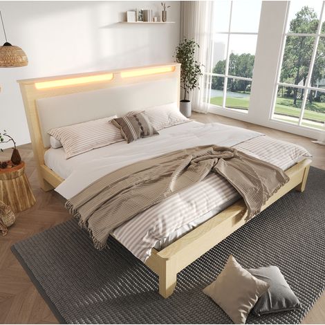 Letto 140x200 cm in legno e tessuto beige con LED e vano contenitore, senza materasso – MEUBLIV (1/5)