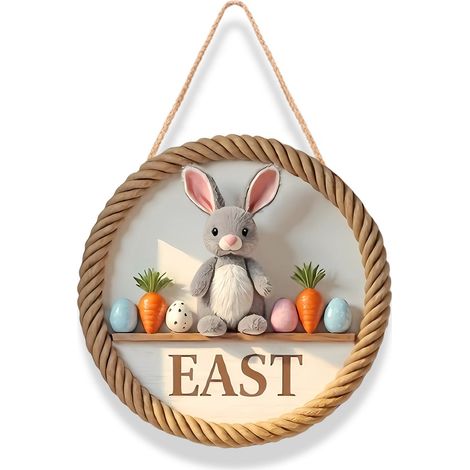 Panneau En Bois Lapin De Pâques - Décoration Porte D'Entrée Ou Intérieure - Motif Fête De Printemps - 1 Pièce (1/2)
