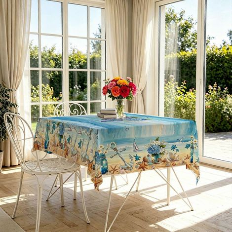 Nappe rectangulaire bleue à motifs floraux et papillons (1 pièce), nappe de salle à manger sur le thème du solstice d'été, nappe résistante et facile à nettoyer pour la décoration estivale de la maiso (1/3)