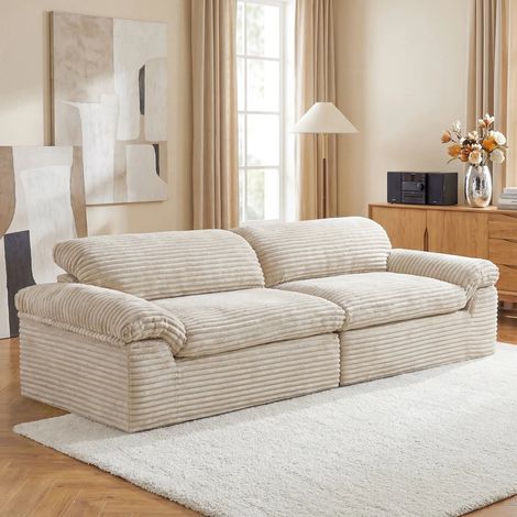 Canapé modulable compressé 3 Places en Velours Côtelé,Design scandinave,Sans assemblage,Mousse haute densité,260x103x80cm,Blanc crème
