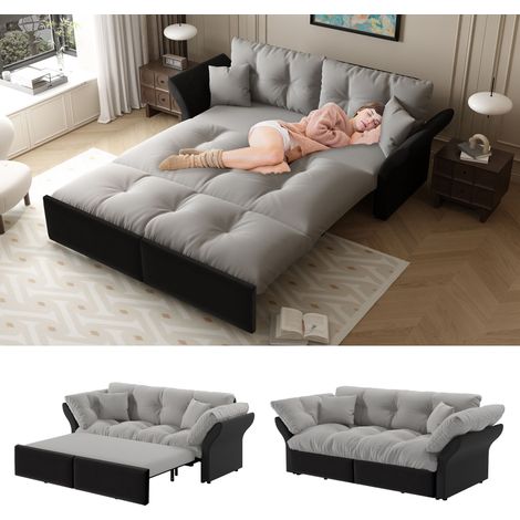 Canapé Droit Convertible - 3 Places - Velours - Coussins Inclus & Accoudoirs & 3-en-1 & Capitonné - 190 x 85 x 91 cm - Gris Clair (1/5)