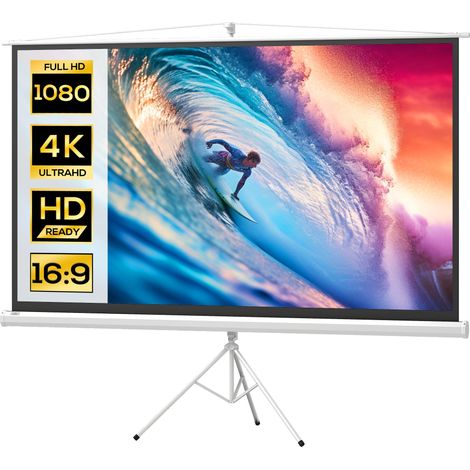 Écran de projection trépied cinéma maison réunion 221 x 124 cm hauteur réglable 270 cm moderne épuré en plastique blanc (1/5)