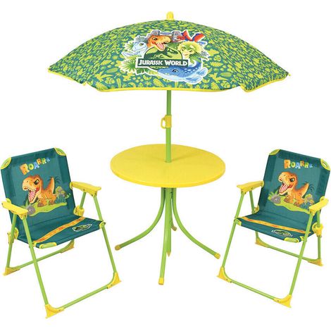 FUN HOUSE Jurassic Salon de jardin dinosaures - 1 table 46 x o46 cm, 2 chaises 53 x 38,5 x 37,5 cm et 1 parasol 125 x o100 cm (1/4)