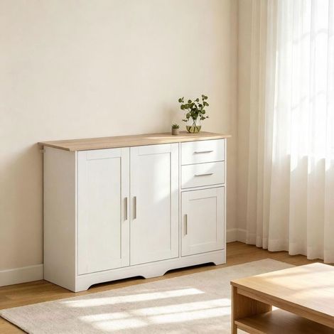 Buffet 100x40x78 cm 2 Portes, 2 Tiroirs, Étagère Réglable - Buffet salon - Meuble de Rangement, Style Scandinave, Blanc Bois (1/5)