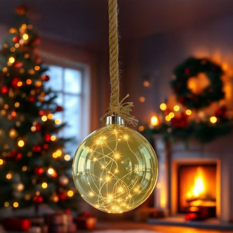 LED Glaskugel silber zum Hängen mit Timer  - Ø 14 cm - Dekohänger warm weiß beleuchtet Batterie betrieben