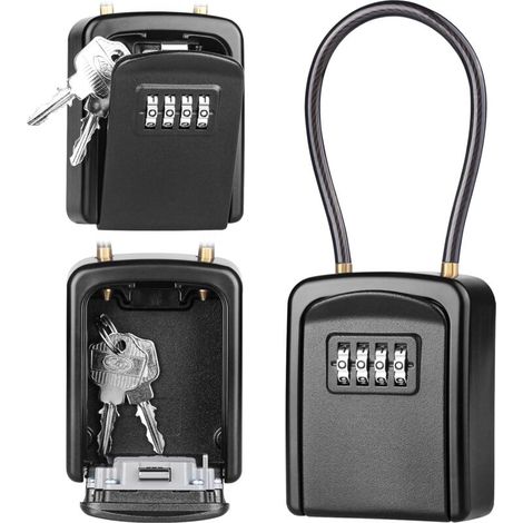 Wire Rope Key Box, 4 Digit Combination Security Key Box Outdoor Waterproof, Black
