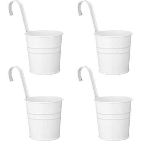 Lot de 4 pots de fleurs suspendus style shabby - En métal - Avec crochet - Pour extérieur, balcon, jardin - Blanc (1/5)