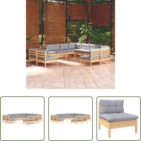 Terrassensofa - 11-tlg. Garten-Lounge-Set mit Grauen Kissen Massivholz Kiefer (1/5)