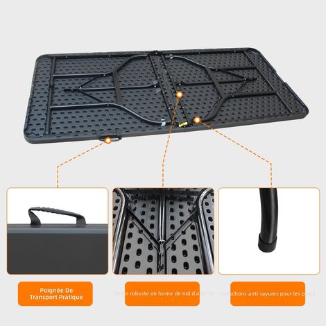 Table pliante portable 180 cm robuste avec poignée, table multifonction pour camping pique-nique intérieur extérieur, capacité 135 kg noir (1/5)