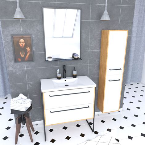 Conjunto de baño 80cm + lavabo blanco 80x50 + cajones + espejo + columna