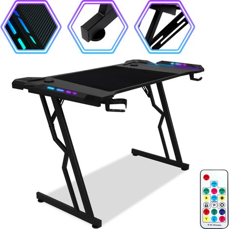 Wolketon Gaming-Tisch Schreibtisch mit Kopfhörerhaken und Mauspad 120x60cm Ergonomischer PC Tisch mit Kabelloch, Z-förmige (met LED+Fernbedienung)