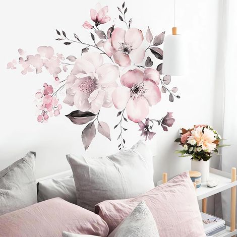 ZHIJIA PREMIUM autocollant mural pivoines roses aquarelle vinyle amovible chambre fille nursery salon décoration florale (1/5)